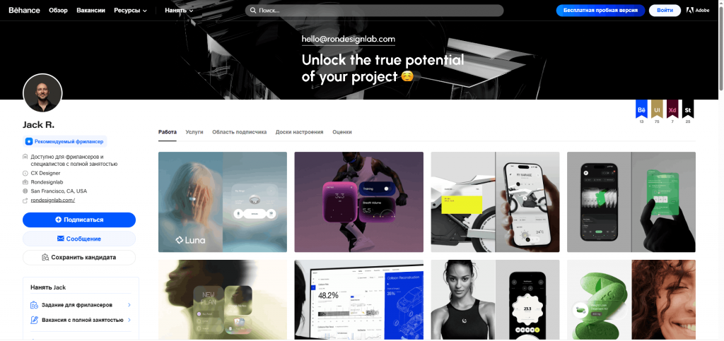 Пример визуального оформления кейсов и портфолио. Иточник - Behance.net